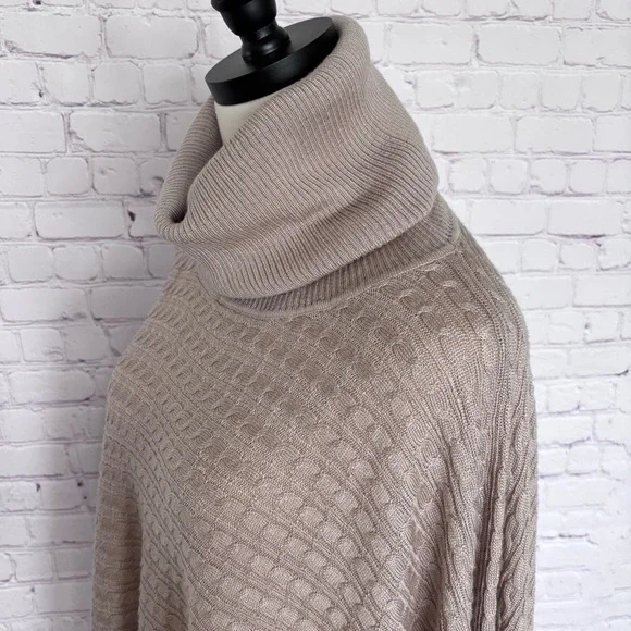 BOSTON PROPER Tan Cable Knit Turtleneck Poncho Sweater--EUC--XS/S - Picture 3 of 14